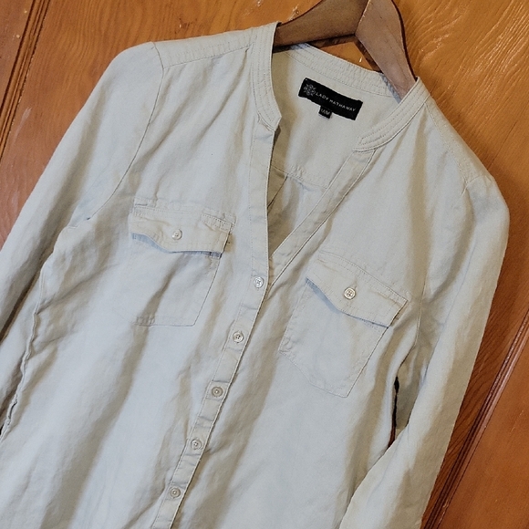 Lady Hathaway Tops - Women's Linen Long Utility Shirt in Light Beige Size M